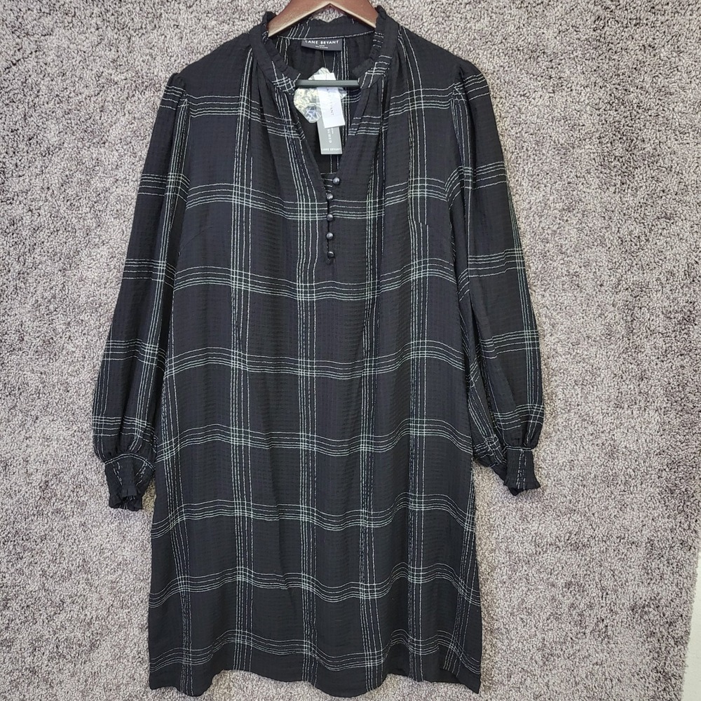 Lane Bryant Dress Womens 14/16 Black New Plaid Grid Long Sleeve Shift 1136393